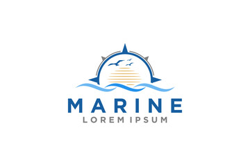 Fototapeta na wymiar Marine nautical compass logo design wind rose sunset bird element icon symbol illustration