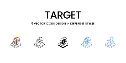 Target Icon Design in Five style with Editable Stroke. Line, Solid, Flat Line, Duo Tone Color, and Color Gradient Line. Suitable for Web Page, Mobile App, UI, UX and GUI design.