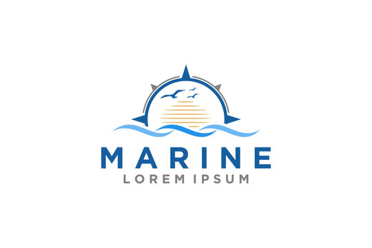 Marine nautical compass logo design wind rose sunset bird element icon symbol illustration