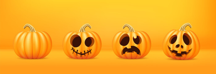 Obraz premium Set of orange cartoon character, holiday halloween pumpkins, with joyful smiling emotions, jack o lanterns for party.