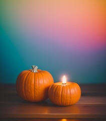 Halloween pumpkins and candles on the table. Selective focus. Generative AI