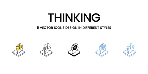 Thinking Icon Design in Five style with Editable Stroke. Line, Solid, Flat Line, Duo Tone Color, and Color Gradient Line. Suitable for Web Page, Mobile App, UI, UX and GUI design.