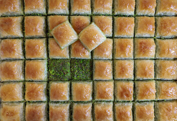 Traditional turkish dessert antep baklava with pistachio, ramadan or holiday desserts in tray, classic pistachio baklava
