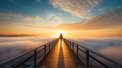 person walking on wooden boardwalk path over the clouds