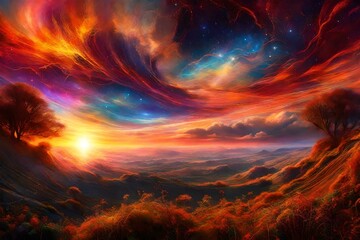 A mind altering hallucinogenic sunrise seen in a multidimensional dreamlike realm,## and visually stimulating ## transcendent rising quasars and nebulas in the sky. generated by AI tools