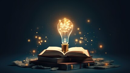 Light bulb and books. Online education, idea, innovation concept. Science background