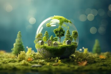 Bulb filled with green trees, plants and buildings. Concept of green city, renewable and clean energy, sustainable resources, Earth Day.