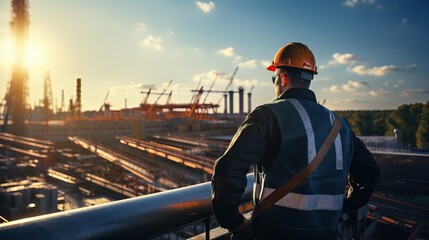 backside of Engineer Technician Watching Team of Workers on High Steel Platform, 