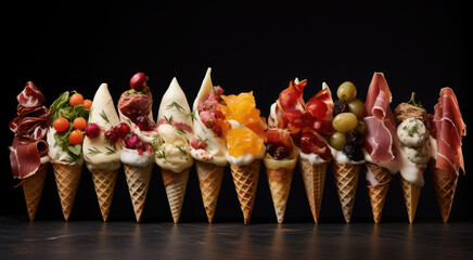 Creative composition of meat snacks Ham, jamon, bacon in a waffle cone. The taste of alternative ice cream.