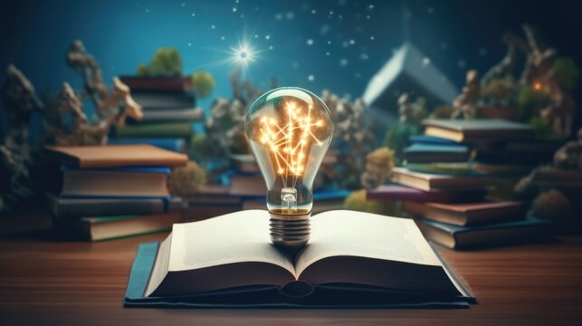 Light bulb and books. Online education, idea, innovation concept. Science background
