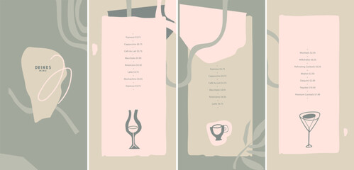 Basic RGBVector drinks menu design template. Linear abstraction. List, banner, booklet, flyer, brochure. Layout for outdoor restaurant, bar and cafe on the beach by ocean, in the forest, in tropical j