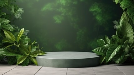 Mock-up of podium made of stone surrounded by green plants and leaves. Eco friendly concept background for eco and beauty products