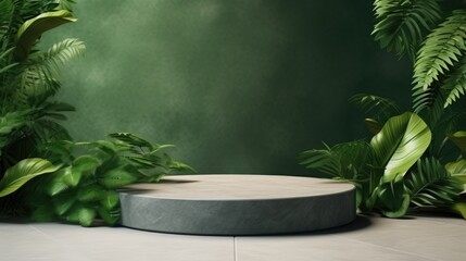 Mock-up of podium made of stone surrounded by green plants and leaves. Eco friendly concept background for eco and beauty products