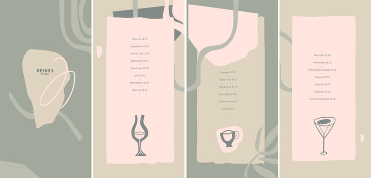 Basic RGBVector drinks menu design template. Linear abstraction. List, banner, booklet, flyer, brochure. Layout for outdoor restaurant, bar and cafe on the beach by ocean, in the forest, in tropical j