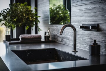 A contemporary bathroom interior featuring a modern style sink and faucet.