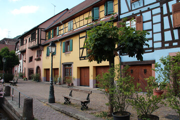 square and half-timbered houses in ribeauvillé in alsace (france)