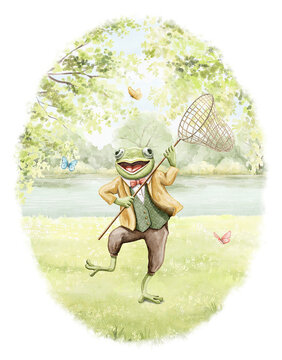 Watercolor composition with funny frog toad animal in vintage costume catches butterflies with net on grass in summer green landscape isolated on white background. Hand drawn illustration sketch