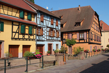 square and half-timbered houses in ribeauvillé in alsace (france)