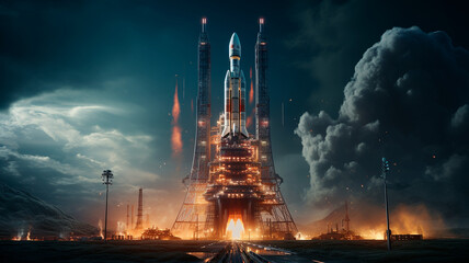 High-Tech Spaceport and Rocket Launch. Generative AI.