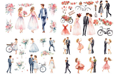 Watercolor wedding on white background. Watercolor painting daily routine objects. Hand drawn colorful Sublimation design