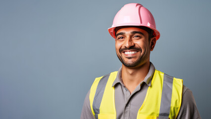 Portrait of man worker or engineer with a safety vest and hardhat isolated on gray background. Concept for labor day. AI Generated. - obrazy, fototapety, plakaty