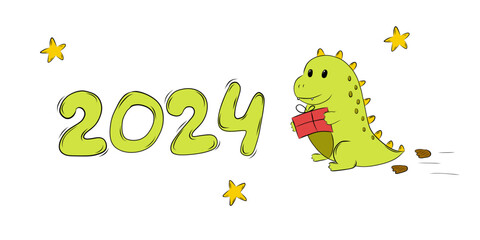 Obraz premium Festive Background New Year Symbol Cute Green Baby Dragon Carries a Gift