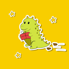 Sticker Cute Dragon with a Gift Left Footprints Simple Vector Illustration