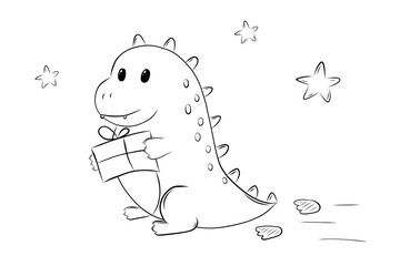 Cute Dragon with a Gift Left Footprints Coloring Book Simple Vector Illustration