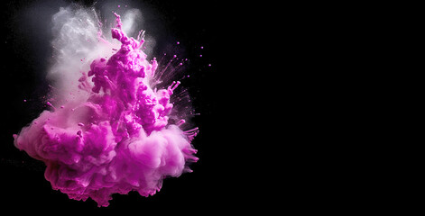 Fototapeta na wymiar Cloud of pinkish-lilac color from exploding powder on a black background. Freeze motion of Holi paint. Generative AI