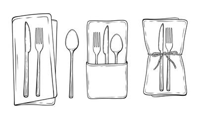 Silverware dinner set with knife spoon fork napkins cutlery pouches vector line art illustration - obrazy, fototapety, plakaty