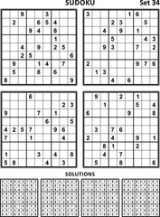 Four sudoku puzzles of comfortable (easy, yet not very easy) level. Set 34.
