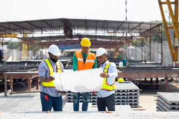 african american architect Engineering man in safety hardhat looking at blueprint at factory industrial facilities. Heavy Industry Manufacturing Factory. Prefabricated concrete walls