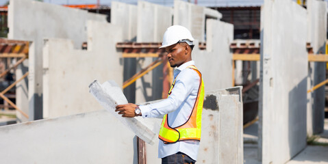 Young african american architect Engineering  man in safety hardhat looking at blueprint at factory industrial facilities. Heavy Industry Manufacturing Factory. Prefabricated concrete walls