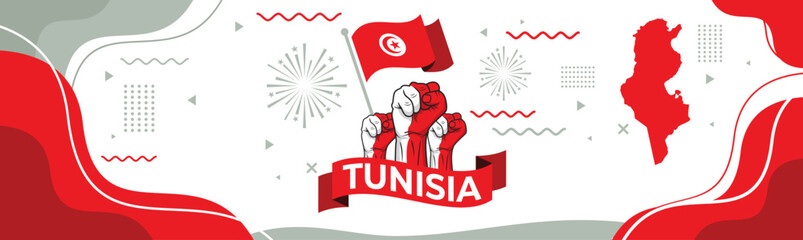 Tunisia Flag and map with raised fists. National or Independence day design for Tunisian celebration - obrazy, fototapety, plakaty