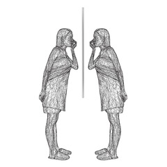 Wireframe of a girl after a shower in a dressing gown and slippers stands in front of a mirror caring for her face. Side view. Vector illustration. 3D.