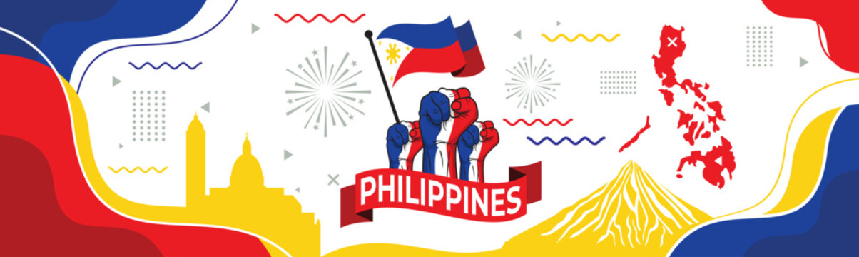 National independence day of Philippines banner. Abstract retro design with philippines flag colors & landmarks like mayon volcano & intramuros