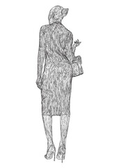 Obraz premium Wireframe of a woman with shopping bag vector. Young stylish woman in trench dress. Fashion illustration in sketch style. Vector illustration. 3D.