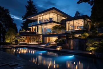 Fototapeta na wymiar A lavish residence illuminated in the nighttime situated in Vancouver, Canada.