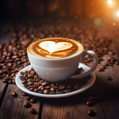 Cup of fresh aromatic latte coffee in the shape of the heart