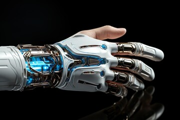 A white robotic prosthetic hand. Future technology. Generative AI.