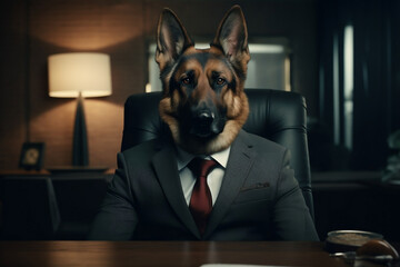 Professional German Shepherd in Business Attire at the Office, generative AI