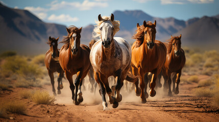 Generative ai illustration of Group of horses running gallop in natural environment