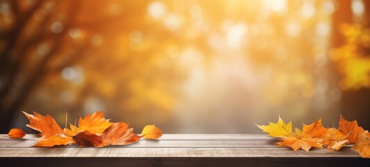 Naklejka na ściany i meble Happy fall autumn halloween holiday thanksgiving landscape background banner greeting card - Colored fallen leaves on empty wooden table with blurred background with bokeh lights (Generative Ai)