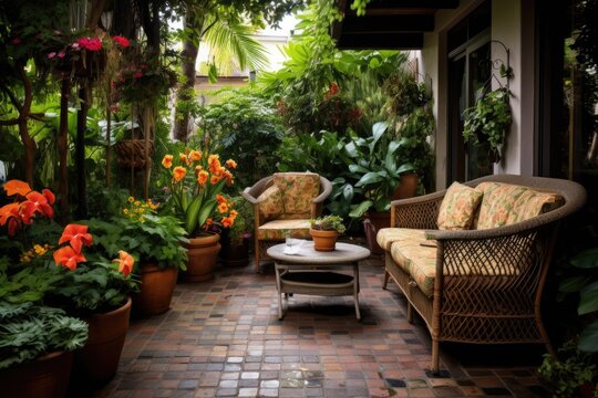 Garden Patio of a Cozy Condo adorned with Lush Plants