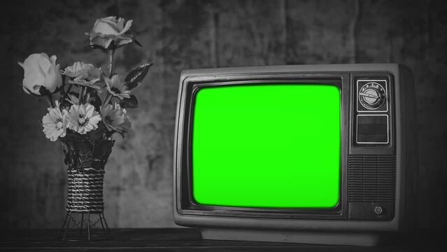 Classic television with green screen. The camera zooms out.