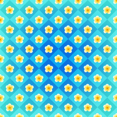 Vintage backdrop in cyan and blue colors. Vector golden plumeria flowers