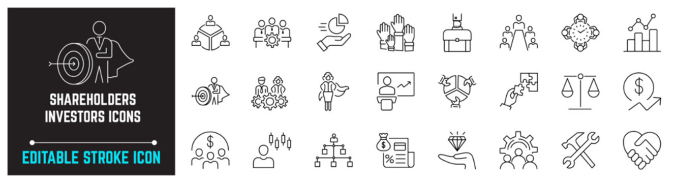 Simple Set of Business Shareholders Related Vector Line Icons. Contains Icons such as Stakeholders, Director, Mutual Benefits, Partnership, and more. Shareholders Investors editable stroke icons