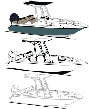 Vector, line art and color image of side view fishing boat on a white background.