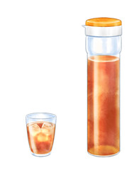 Plain barley tea pot and glass drawn with digital watercolor