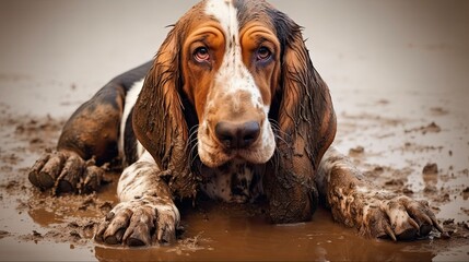 Guiltily Adorable: Muddy Basset Hound With Playful Paws - The Perfect Pet Pal: Generative AI